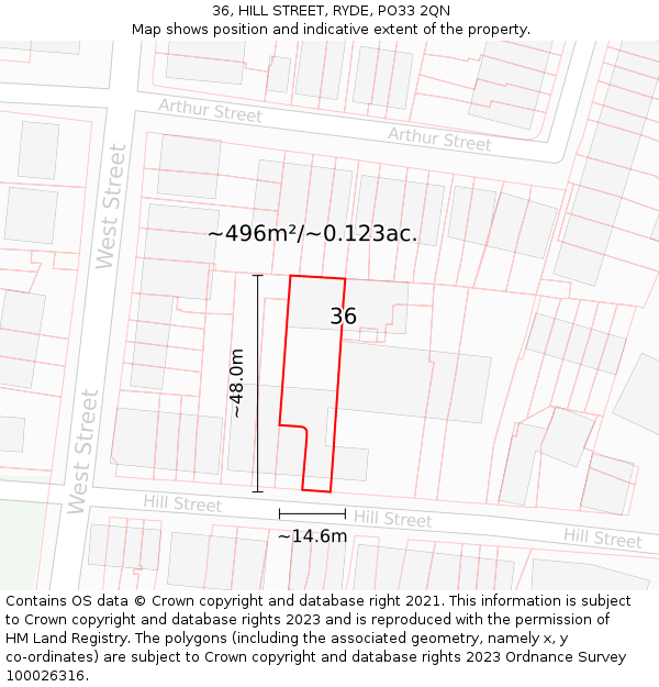 36, HILL STREET, RYDE, PO33 2QN: Plot and title map