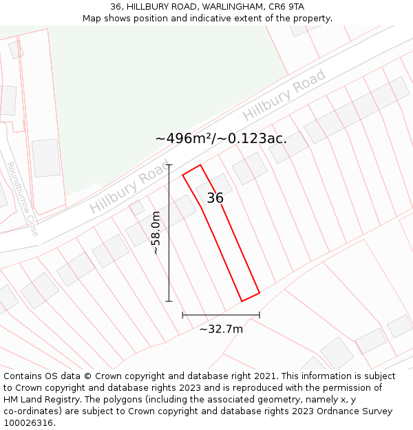 36, HILLBURY ROAD, WARLINGHAM, CR6 9TA: Plot and title map