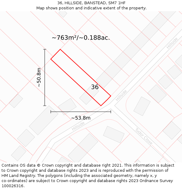 36, HILLSIDE, BANSTEAD, SM7 1HF: Plot and title map