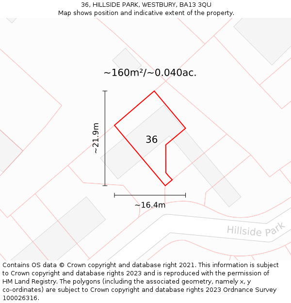 36, HILLSIDE PARK, WESTBURY, BA13 3QU: Plot and title map