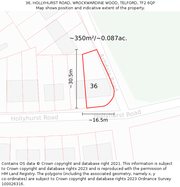 36, HOLLYHURST ROAD, WROCKWARDINE WOOD, TELFORD, TF2 6QP: Plot and title map