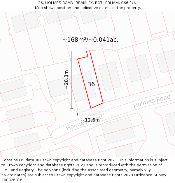 36, HOLMES ROAD, BRAMLEY, ROTHERHAM, S66 1UU: Plot and title map