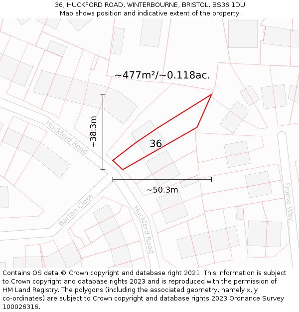 36, HUCKFORD ROAD, WINTERBOURNE, BRISTOL, BS36 1DU: Plot and title map