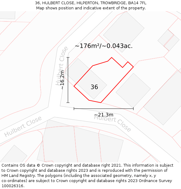 36, HULBERT CLOSE, HILPERTON, TROWBRIDGE, BA14 7FL: Plot and title map