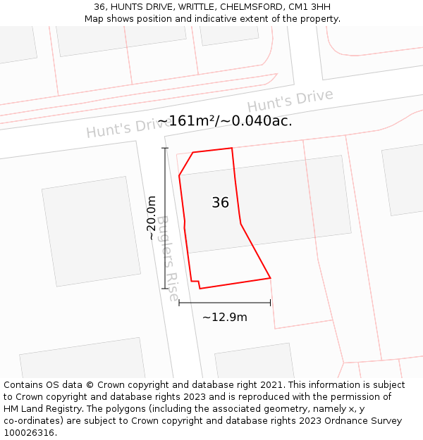 36, HUNTS DRIVE, WRITTLE, CHELMSFORD, CM1 3HH: Plot and title map