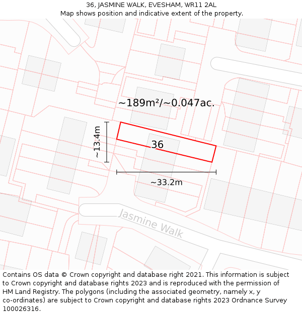 36, JASMINE WALK, EVESHAM, WR11 2AL: Plot and title map