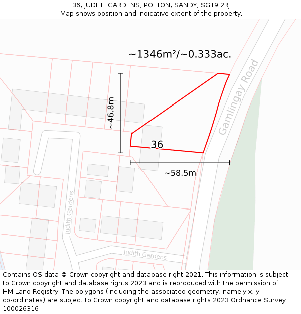 36, JUDITH GARDENS, POTTON, SANDY, SG19 2RJ: Plot and title map