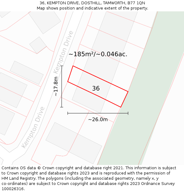 36, KEMPTON DRIVE, DOSTHILL, TAMWORTH, B77 1QN: Plot and title map