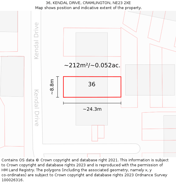 36, KENDAL DRIVE, CRAMLINGTON, NE23 2XE: Plot and title map