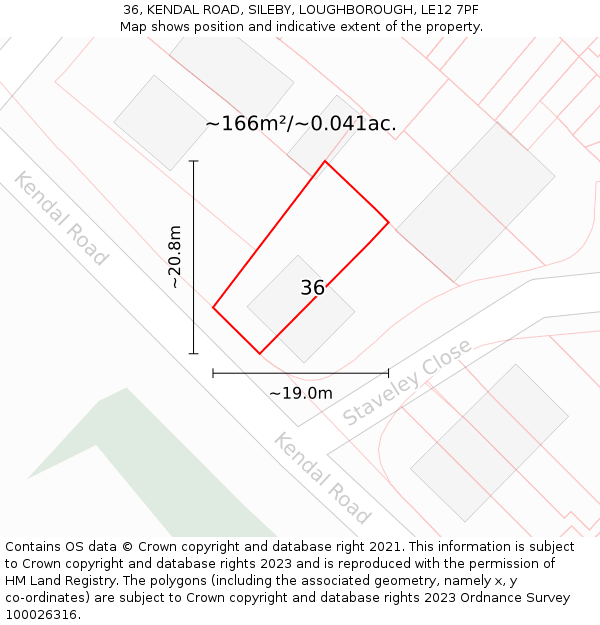 36, KENDAL ROAD, SILEBY, LOUGHBOROUGH, LE12 7PF: Plot and title map