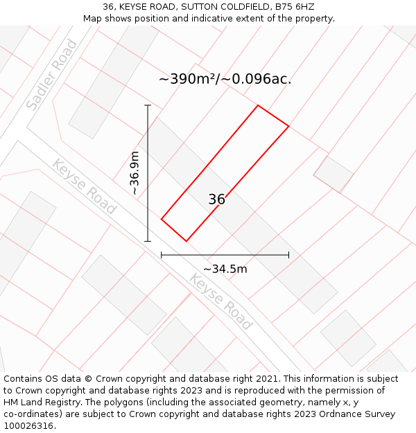 36, KEYSE ROAD, SUTTON COLDFIELD, B75 6HZ: Plot and title map