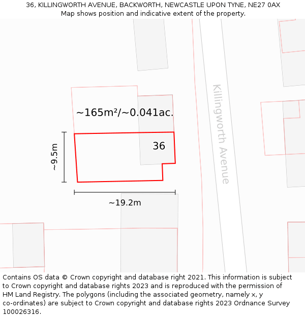 36, KILLINGWORTH AVENUE, BACKWORTH, NEWCASTLE UPON TYNE, NE27 0AX: Plot and title map