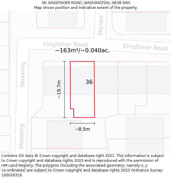 36, KINGFISHER ROAD, WASHINGTON, NE38 0AN: Plot and title map