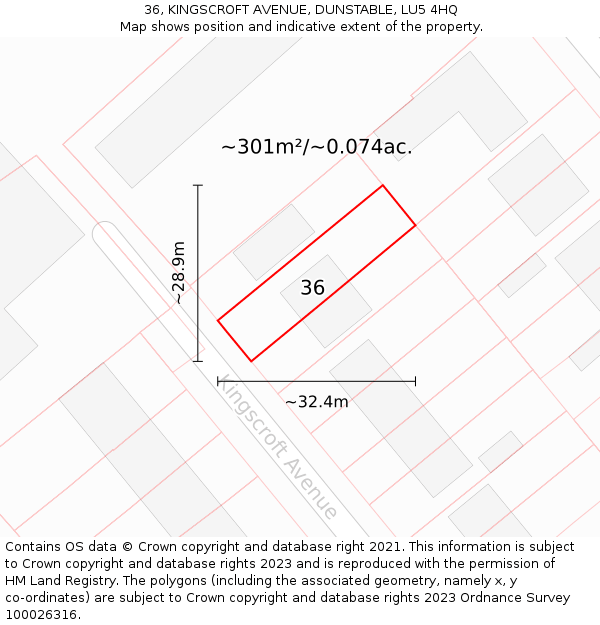 36, KINGSCROFT AVENUE, DUNSTABLE, LU5 4HQ: Plot and title map