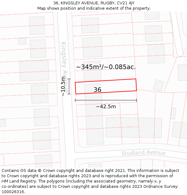 36, KINGSLEY AVENUE, RUGBY, CV21 4JY: Plot and title map