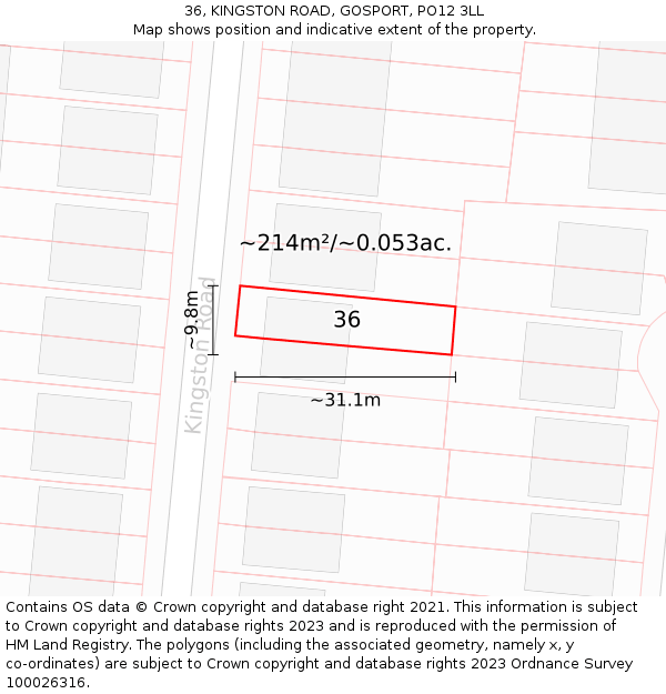 36, KINGSTON ROAD, GOSPORT, PO12 3LL: Plot and title map