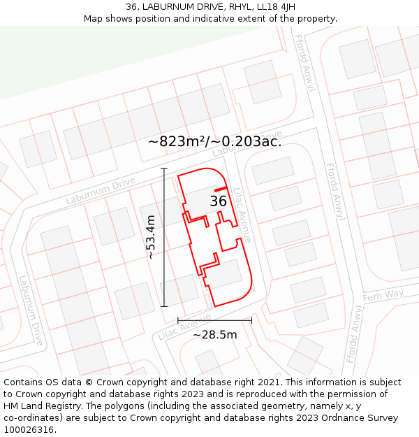 36, LABURNUM DRIVE, RHYL, LL18 4JH: Plot and title map