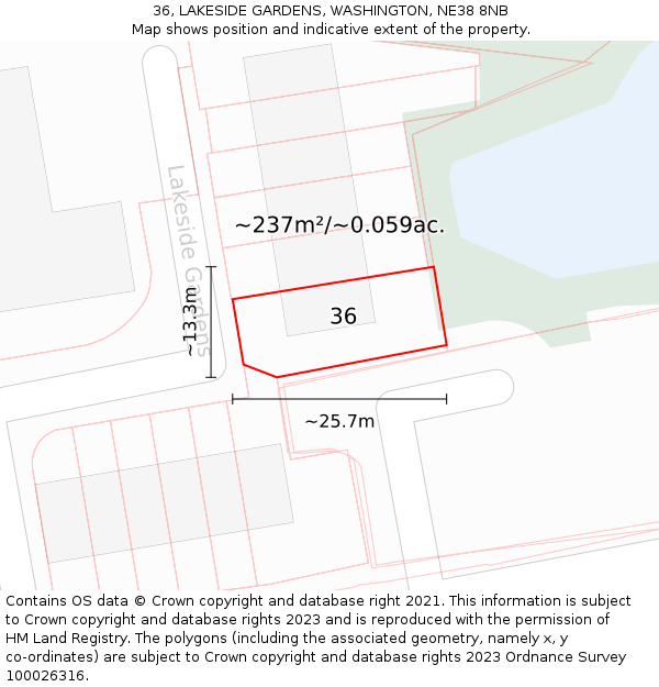 36, LAKESIDE GARDENS, WASHINGTON, NE38 8NB: Plot and title map