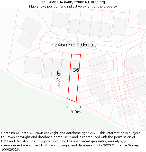 36, LAMORNA PARK, TORPOINT, PL11 2QJ: Plot and title map
