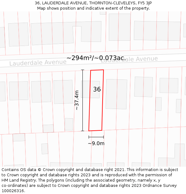 36, LAUDERDALE AVENUE, THORNTON-CLEVELEYS, FY5 3JP: Plot and title map