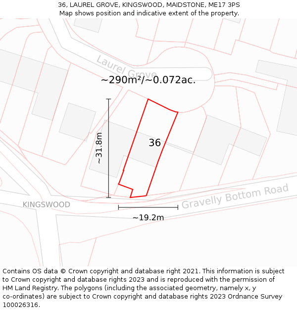 36, LAUREL GROVE, KINGSWOOD, MAIDSTONE, ME17 3PS: Plot and title map