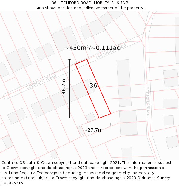 36, LECHFORD ROAD, HORLEY, RH6 7NB: Plot and title map