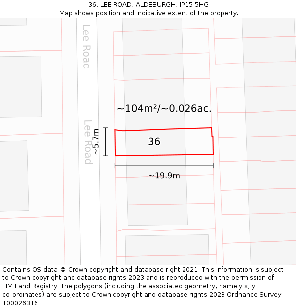 36, LEE ROAD, ALDEBURGH, IP15 5HG: Plot and title map