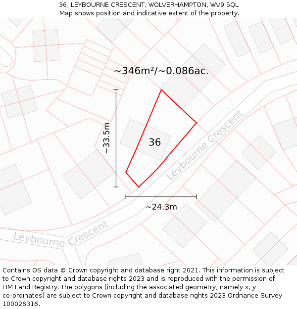 36, LEYBOURNE CRESCENT, WOLVERHAMPTON, WV9 5QL: Plot and title map