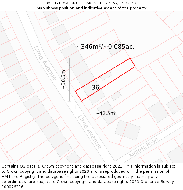 36, LIME AVENUE, LEAMINGTON SPA, CV32 7DF: Plot and title map