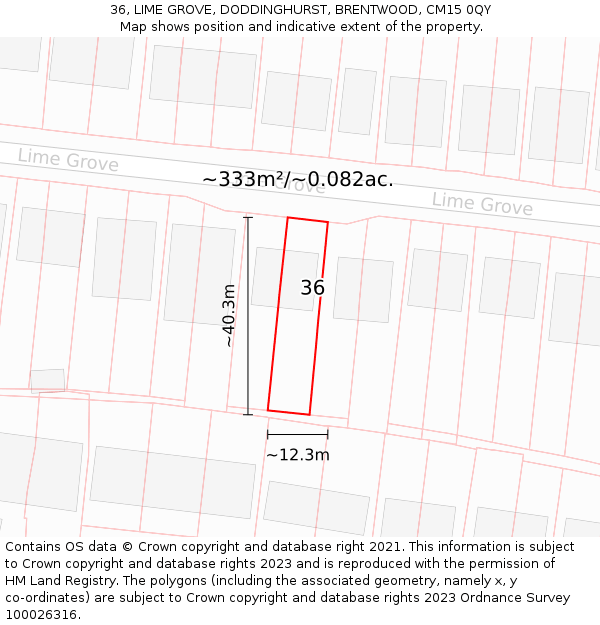 36, LIME GROVE, DODDINGHURST, BRENTWOOD, CM15 0QY: Plot and title map