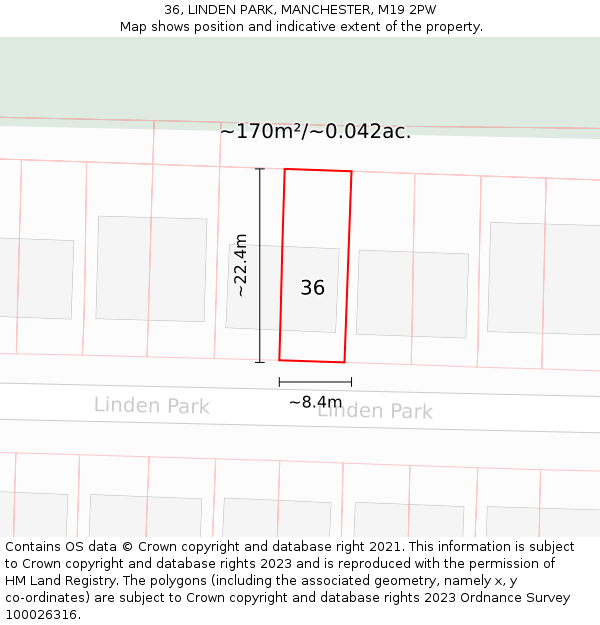 36, LINDEN PARK, MANCHESTER, M19 2PW: Plot and title map