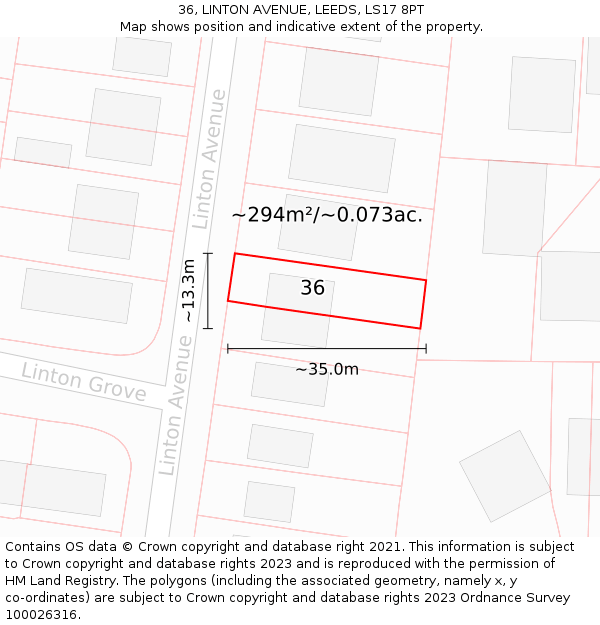 36, LINTON AVENUE, LEEDS, LS17 8PT: Plot and title map