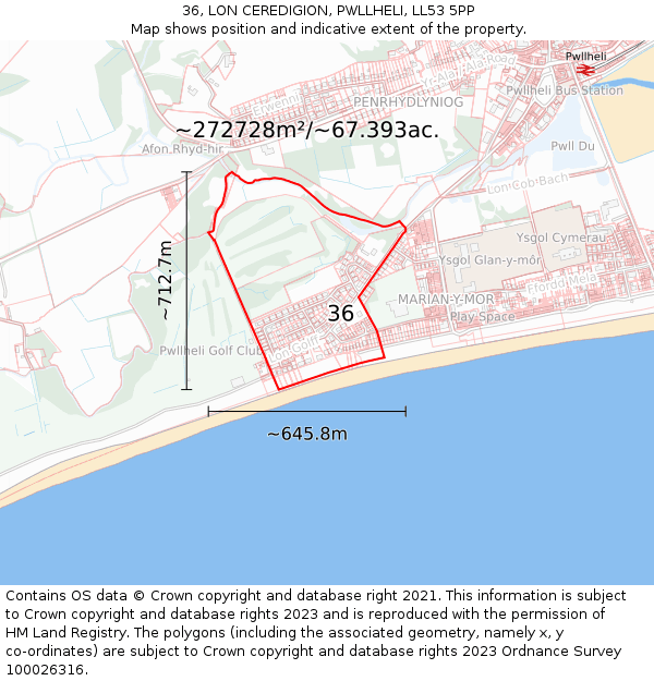 36, LON CEREDIGION, PWLLHELI, LL53 5PP: Plot and title map