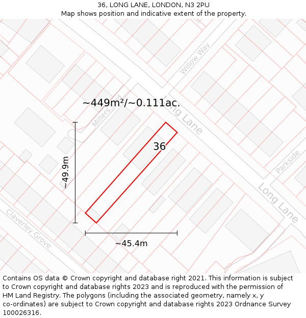 36, LONG LANE, LONDON, N3 2PU: Plot and title map