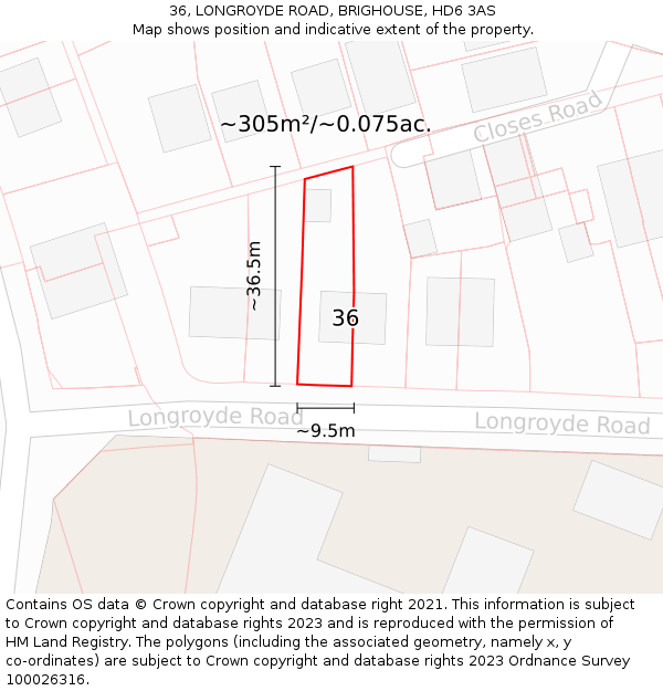 36, LONGROYDE ROAD, BRIGHOUSE, HD6 3AS: Plot and title map