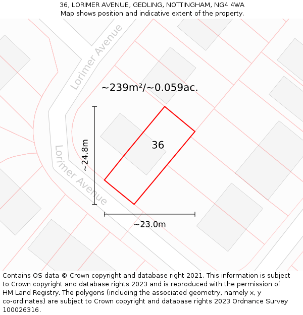 36, LORIMER AVENUE, GEDLING, NOTTINGHAM, NG4 4WA: Plot and title map