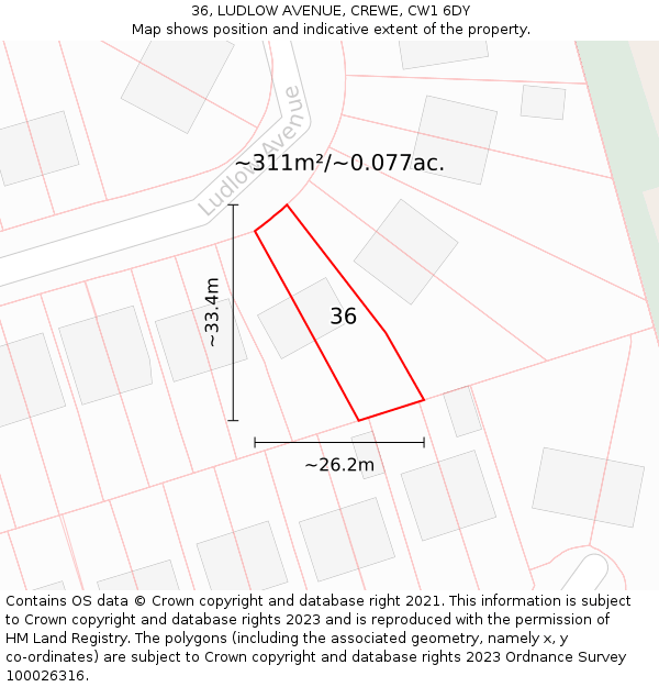 36, LUDLOW AVENUE, CREWE, CW1 6DY: Plot and title map