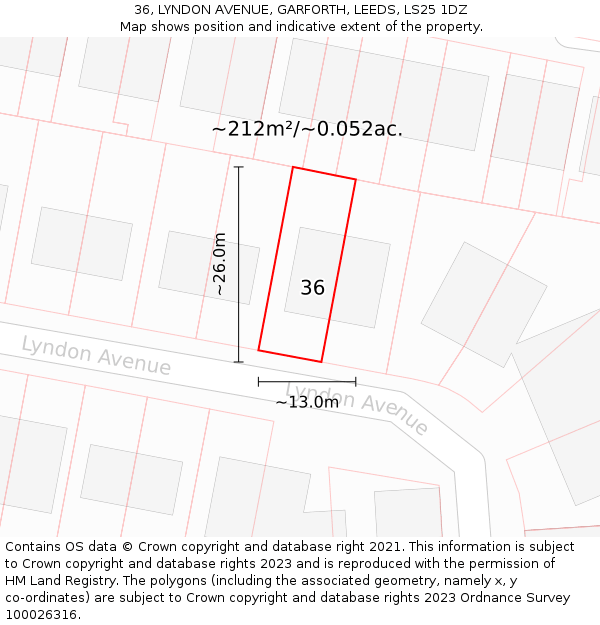 36, LYNDON AVENUE, GARFORTH, LEEDS, LS25 1DZ: Plot and title map