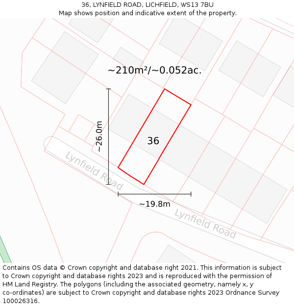 36, LYNFIELD ROAD, LICHFIELD, WS13 7BU: Plot and title map