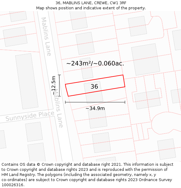 36, MABLINS LANE, CREWE, CW1 3RF: Plot and title map