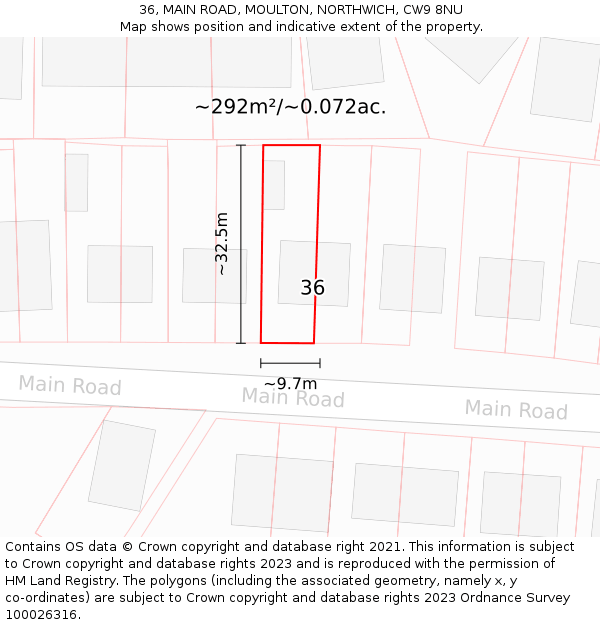 36, MAIN ROAD, MOULTON, NORTHWICH, CW9 8NU: Plot and title map