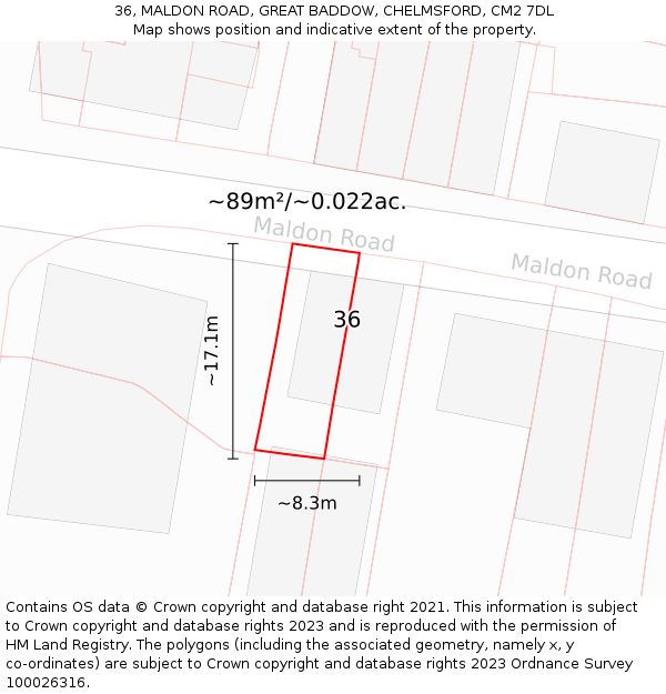 36, MALDON ROAD, GREAT BADDOW, CHELMSFORD, CM2 7DL: Plot and title map