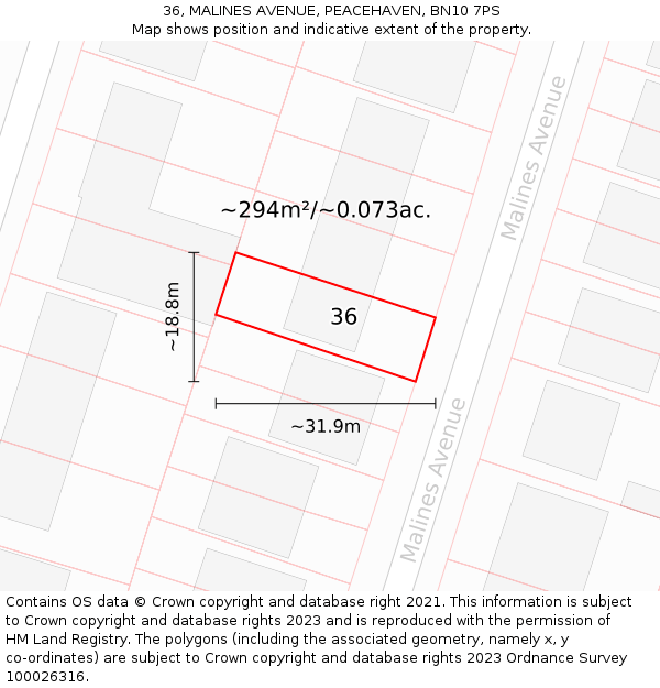 36, MALINES AVENUE, PEACEHAVEN, BN10 7PS: Plot and title map