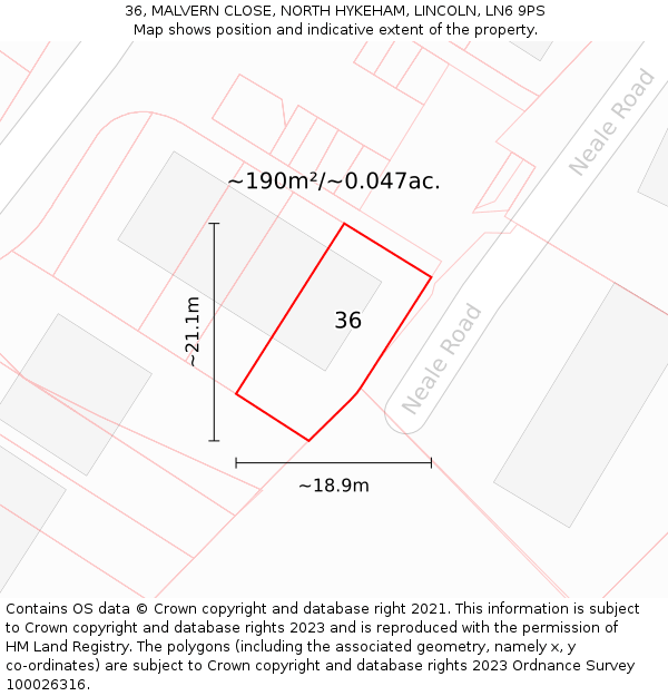 36, MALVERN CLOSE, NORTH HYKEHAM, LINCOLN, LN6 9PS: Plot and title map