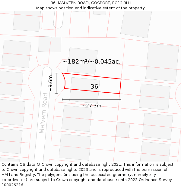 36, MALVERN ROAD, GOSPORT, PO12 3LH: Plot and title map