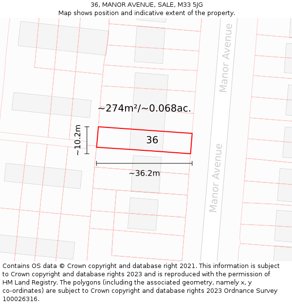 36, MANOR AVENUE, SALE, M33 5JG: Plot and title map