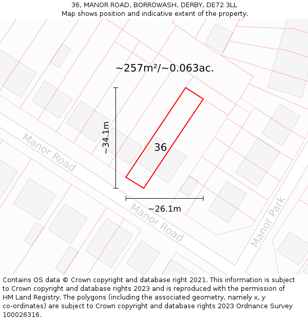 36, MANOR ROAD, BORROWASH, DERBY, DE72 3LL: Plot and title map
