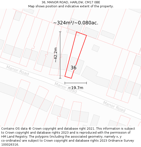 36, MANOR ROAD, HARLOW, CM17 0BE: Plot and title map