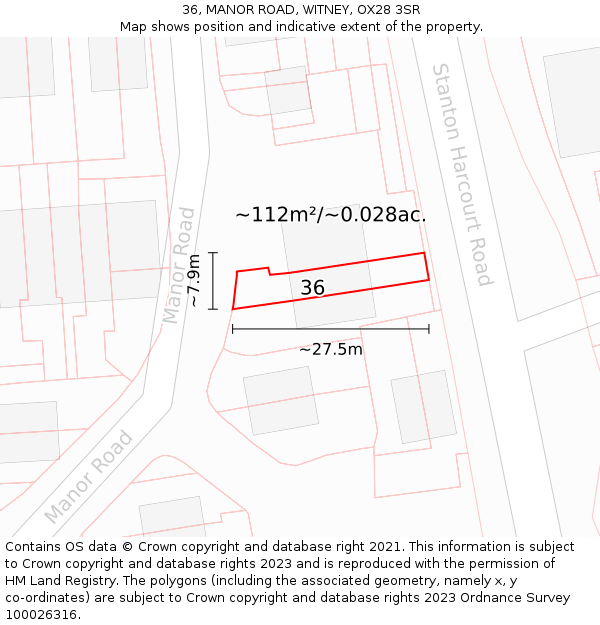 36, MANOR ROAD, WITNEY, OX28 3SR: Plot and title map