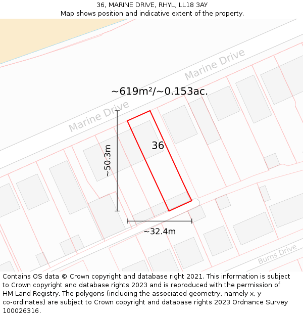 36, MARINE DRIVE, RHYL, LL18 3AY: Plot and title map